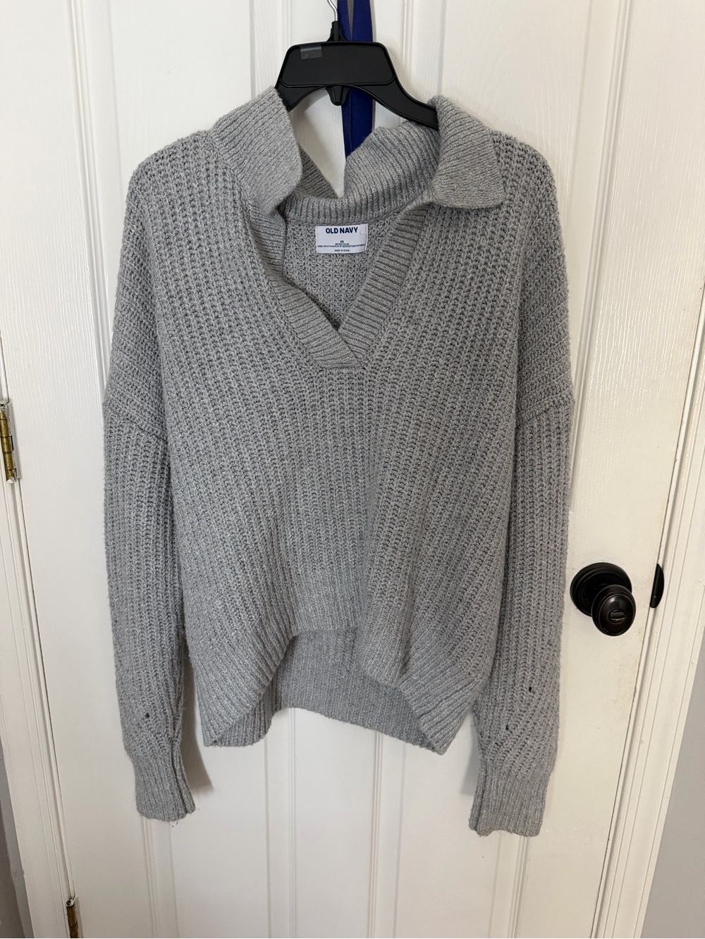 Old Navy Light Gray Knit Collared V-Neck Sweater